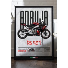 Duvarda Aprilia Rs 457 Siyah Ahşap Çerçeveli Poster, Dekoratif Motosiklet Duvar Tablosu
