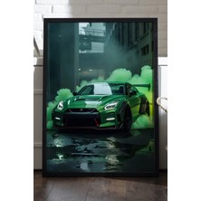 Duvarda Nissan Gtr Siyah Ahşap Çerçeveli Poster, Dekoratif Araba Duvar Tablosu