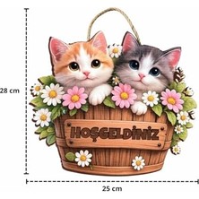 Yağmur Store 28-25 cm Hoş Geldin Kedi Çiçek Dekorlu Ahşap Kapı Süsü, Kapı Bahçe Önü Süsü