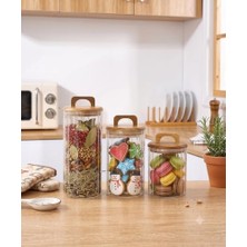 NY Home 3'lü Akasya Kapaklı Çizgili Borosilikat Cam Kavanoz Seti - Vakumlu Erzak ve Bakliyat Saklama Kabı (750 Ml, 1050 Ml, 1400 Ml)