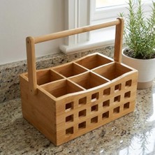 NY Home 4 Bölmeli Saplı Doğal Bambu Çatal Bıçak Sepeti - Çok Amaçlı Masaüstü Organizer Mutfak Düzenleyici ve Kalemlik Standı (23X15 Cm)