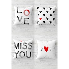 Yağmur Store Miss You Love Sevgili Temalı Gizli Fermuarlı Kırlent Kılıfı Koltuk Yastık Kılıfı TAKIM(4ADET), Gri-Kırmızı-Beyaz 43 x 43