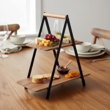 NY Home 2 Katlı Akasya Ahşap Sunum Standı - Silikon Kaplamalı Siyah Metal Gövdeli Meyvelik Kurabiyelik Kahve Köşesi ve Mutfak Banyo Düzenleyici Organizer (16 x 26.5 x 34 Cm)