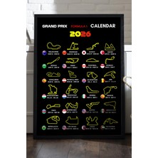 Duvarda Grand Prix Formula 1 Calendar Siyah Ahşap Çerçeveli Poster, Dekoratif Araba Duvar Tablosu