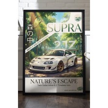 Duvarda Toyota Supra Siyah Ahşap Çerçeveli Poster, Dekoratif Araba Duvar Tablosu