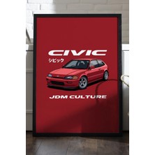 Duvarda Honda Civic Siyah Ahşap Çerçeveli Poster, Dekoratif Jdm Araba Duvar Tablosu