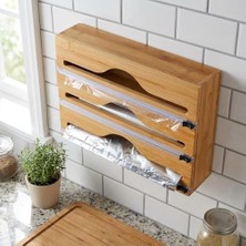NY Home 3 Bölmeli Doğal Bambu Folyoluk ve Streç Film Kesici Organizer - Sürgülü Bıçaklı Çekmece Içi Düzenleyici Pişirme Kağıdı ve Alüminyum Folyo Standı Mutfak Organizeri (35,5 x 22 x 7 Cm)