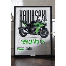 Duvarda Kawasaki Ninja H2 Sx Siyah Ahşap Çerçeveli Poster, Dekoratif Motosiklet Duvar Tablosu