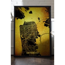 Duvarda San Francisco Şehir Haritası Siyah Ahşap Çerçeveli Poster, Dekoratif Harita Duvar Tablosu