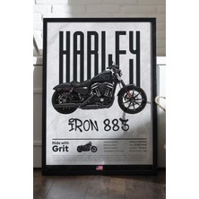Duvarda Harley David Iron 883 Siyah Ahşap Çerçeveli Poster, Dekoratif Motosiklet Duvar Tablosu