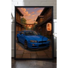 Duvarda Nissan Gt-R Siyah Ahşap Çerçeveli Poster, Dekoratif Araba Duvar Tablosu