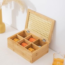 NY Home Orjinal Bambu Organizer, Çay Kutusu, Takı Kutusu, Mıknatıslı Kapak, Premium Kalite (6 Bölmeli)