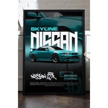 Duvarda Nissan Gt-R Skyline Siyah Ahşap Çerçeveli Poster, Dekoratif Araba Duvar Tablosu