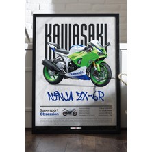 Duvarda Kawasaki Ninja Zx-6 R Siyah Ahşap Çerçeveli Poster, Dekoratif Motosiklet Duvar Tablosu