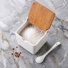 Yağmur Store 1 Adet Bambu Kapaklı Porselen Kaşıklı Tuzluk Saklama Kabı - Küp Tasarımlı Beyaz Seramik Baharatlık Tezgah Üstü Şeker ve Tuz Kabı (Küçük ve Büyük Boy Seçenekli Tekli Satış) (Büyük)