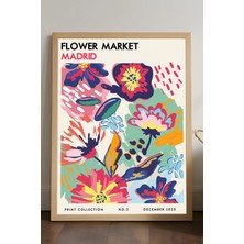 Duvarda Flower Market Madrid Doğal Ahşap Çerçeveli Poster, Dekoratif Sanatsal Duvar Tablosu