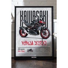 Duvarda Kawasaki Ninja Z500 Siyah Ahşap Çerçeveli Poster, Dekoratif Motosiklet Duvar Tablosu