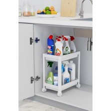 NY Home 2 Katlı Tekerlekli Düzenleyici Raf Mutfak Tezgah & Evye Altı Dolap Içi Organizer, Banyo Deterjanlık ve Şampuanlık, Çok Amaçlı Taşınabilir Sebzelik, Modern Dekoratif Mutfak Raf Ünitesi (Beyaz)