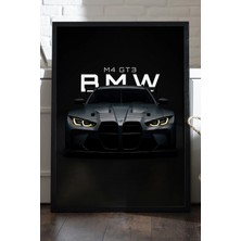 Duvarda Bmw M4 Gt3 Siyah Ahşap Çerçeveli Poster, Dekoratif Araba Duvar Tablosu