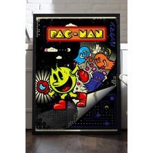 Duvarda Pac-Man Siyah Ahşap Çerçeveli Poster, Dekoratif Oyun Duvar Tablosu