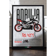 Duvarda Aprilia Rs 457 Siyah Ahşap Çerçeveli Poster, Dekoratif Motosiklet Duvar Tablosu