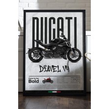 Duvarda Ducati Diavel V4 Siyah Ahşap Çerçeveli Poster, Dekoratif Motosiklet Duvar Tablosu