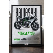 Duvarda Kawasaki Ninja H2 R Siyah Ahşap Çerçeveli Poster, Dekoratif Motosiklet Duvar Tablosu