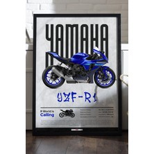 Duvarda Yamaha Yzf R1 Siyah Ahşap Çerçeveli Poster, Dekoratif Motosiklet Duvar Tablosu