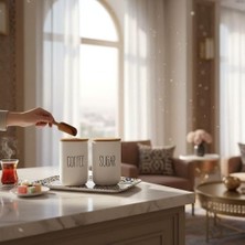 NY Home 3'lü Bambu Kapaklı Seramik Kavanoz Seti - Vakumlu Çay Şeker Kahve Saklama Kabı - Coffee Sugar Tea Yazılı Beyaz Baharatlık (700 Ml)