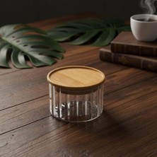NY Home Linie Slim Bambu Kapaklı Borosilikat Cam Saklama Kabı - Çizgili Vakumlu Baharatlık, Çay ve Kahve Kavanozu - 200ML ve 300ML Seçenekleri (200ML)