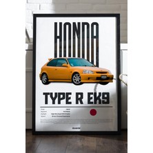 Duvarda Honda Type R Ek9 Araba Siyah Ahşap Çerçeveli Poster, Dekoratif Duvar Tablosu