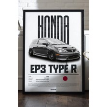 Duvarda Honda Ep3 Type R Araba Siyah Ahşap Çerçeveli Poster, Dekoratif Duvar Tablosu
