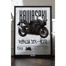 Duvarda Kawasaki Ninja ZX-10R Siyah Ahşap Çerçeveli Poster, Dekoratif Motosiklet Duvar Tablosu