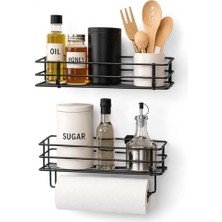 NY Home Alper Banyo 2’li Yapışkanlı Siyah Mutfak Organizer Seti, Metal Baharatlık ve Yağlık Raf, Kağıt Havluluklu Alt Raf, Delmeden Kolay Kurulumlu Mutfak Düzenleyici