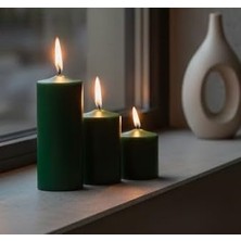 3’lü Silindir Blok Mum Seti, Koyu Yeşil Dekoratif Sütun Mumlar, Içten Yanan Fitil, 7 cm Çap, 7, 10, 15 cm Yükseklik, Ev Dekorasyonu, Masa ve Özel Gün Süsleme Mum Seti
