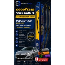 Goodyear Peugeot 308 Supermute 2'li Muz Silecek Takımı 2007-2013 Hatchback (5 Kapı) (750MM+650MM)-6'LI Mikro Fiber Bez Hediye
