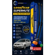 Goodyear Volkswagen Polo Supermute 2'li Muz Silecek Takımı 2005-2009 Hatchback (5 Kapı) (530MM+480MM)-6'LI Mikro Fiber Bez Hediye