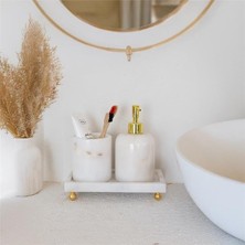 AvantajAl Akayev Mermer Beyaz 3 Parça Gold Ayak Banyo Seti Mutfak Sıvı Sabunluk Seti