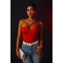 Efnaz Style Kadın Tek Omuz Tül Detaylı Krep Bluz