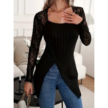 Efnaz Style Kadın Uzun Kollu Tül Detaylı Kare Yakalı Asimetrik Kesim Şardonlu Dalgıç Bluz