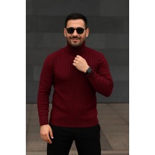 Efnaz Style Erkek Balıkcı Yaka Bağazlı Triko Kazak Pamuklu Kalın Fitilli Dokuma, Regular Fit Uzun Kollu Kışlık Model - Bordo
