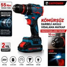 Catpower 1050 Kömürsüz Darbeli Şarjlı Matkap Vidalama 20V 2.0AH 55 Nm Brushless Çift Akülü 70 Parça Set