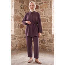 Modestim Kadın Bordo Gömlek Tunik Bağcıklı Pantolon Paça Pensli Trend Şık Yazlık Tesettür Takım