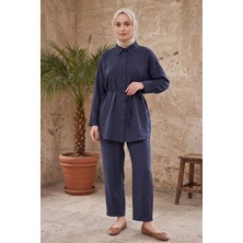 Modestim Kadın Lacivert Gömlek Tunik Bağcıklı Pantolon Paça Pensli Trend Şık Yazlık Tesettür Takım