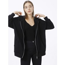 Fabrika Siyah Kadın Kapüşonlu Geniş Fit Düz Sweatshirt TATAM