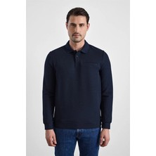 Süvari Lacivert Regular Düz Baskısız Selanik Düğmeli Polo Yaka Torba Cep Trikolu Sweatshirt