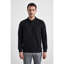 Süvari Siyah Regular Düz Baskısız Selanik Düğmeli Polo Yaka Torba Cep Trikolu Sweatshirt