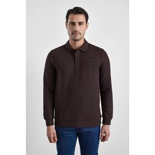 Süvari Koyu Kahve Regular Düz Baskısız Selanik Düğmeli Polo Yaka Torba Cep Trikolu Sweatshirt