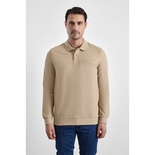 Süvari Bej Regular Düz Baskısız Selanik Düğmeli Polo Yaka Torba Cep Trikolu Sweatshirt
