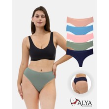 Alya Underwear Kadın Yüksek Bel, Toparlayıcı, Tanga Külotlar - Lacivert, Pembe, Yeşil, Ten, Mavi - 5'li Paket